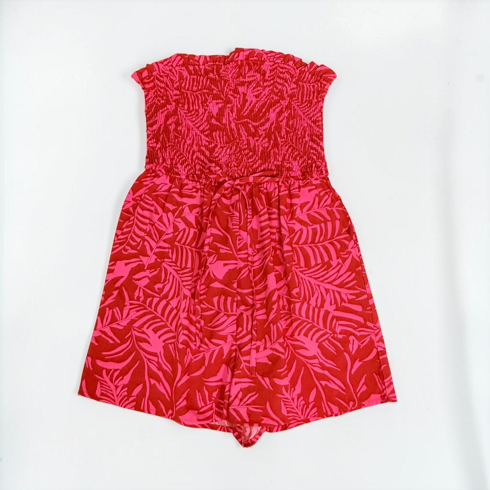 Beachsissi Womens Red Pink Tropical Palm Smocked Strapless Romper Small NWT